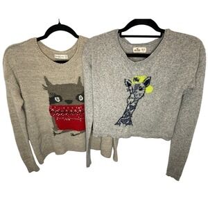 Abercrombie & Hollister Sweaters Women XS/S Gray Tan Owl Giraffe Graphic Bundle